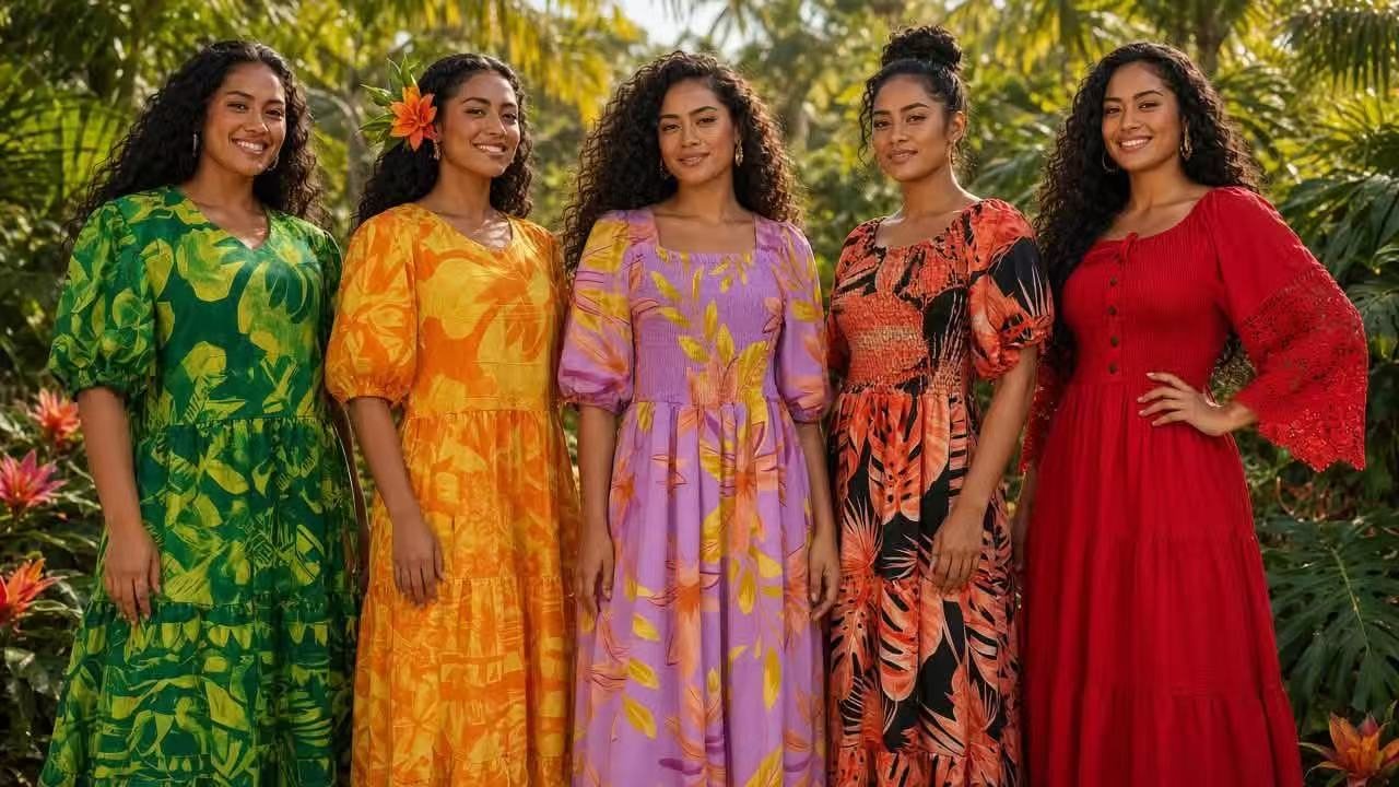 Five women in bright Pacific-print maxi dresses standing together in a tropical garden